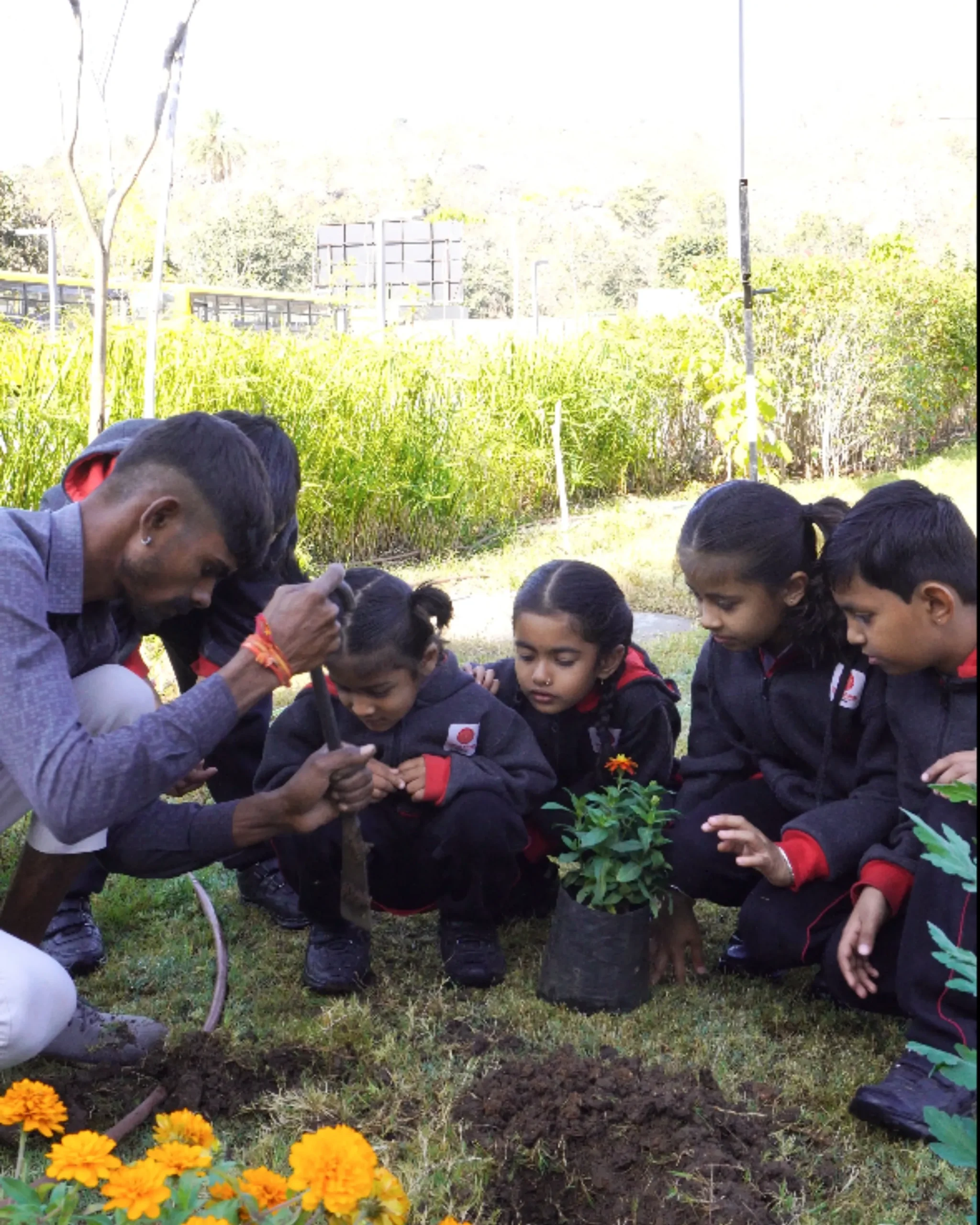 Children Planting Flowers In Garden
