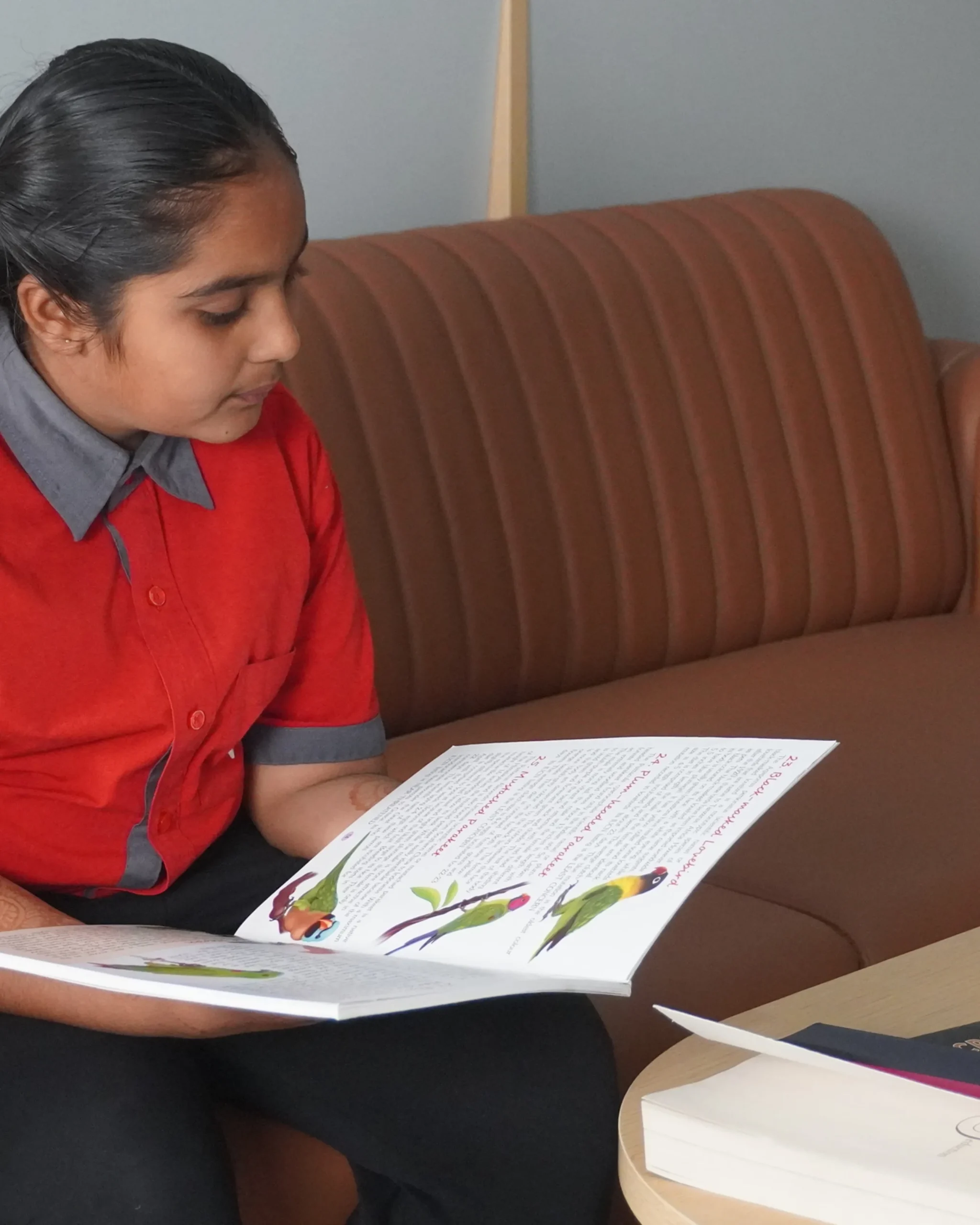 Young Girl Reading Illustrated Bird Book On Sofa