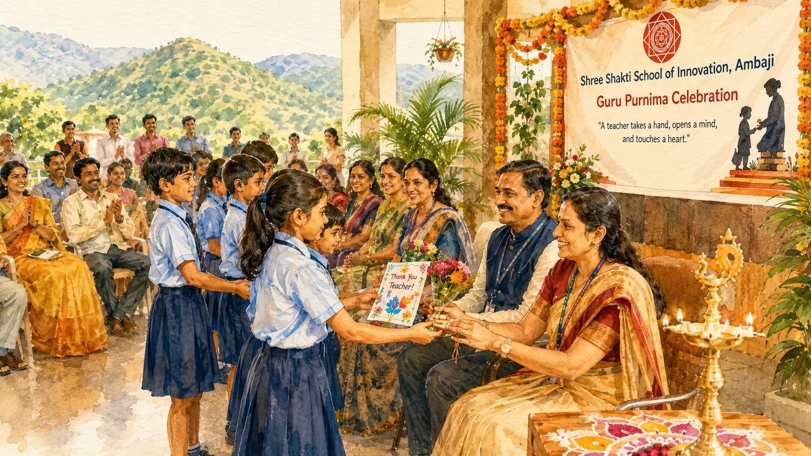 SSI Ambaji students offering handmade cards and flowers to their teachers during Guru Purnima celebrations — a morning of gratitude rooted in the guru-shishya tradition.