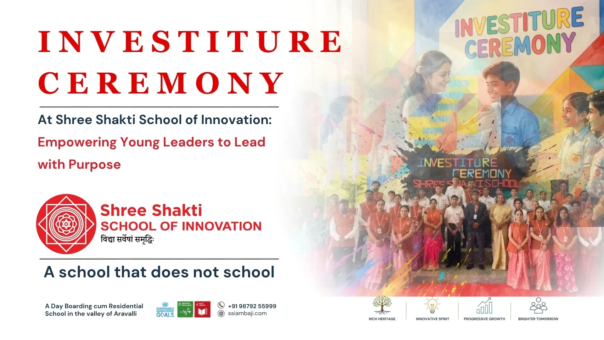 Proud student leaders receiving badges and sashes during the Investiture Ceremony at Shree Shakti School of Innovation, Ambaji, with the Aravalli hills in the background — a moment of trust, responsibility and student voice.