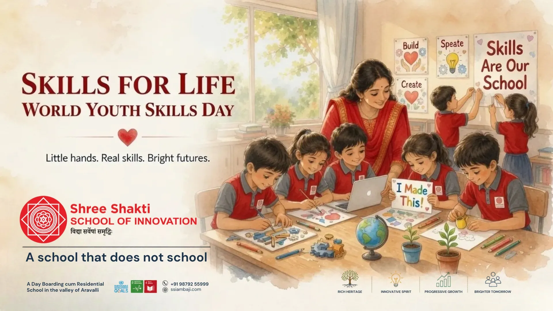 SSI Ambaji students at hands-on skill stations — building, speaking, gardening, painting and coding — during World Youth Skills Day 2026, with the Aravalli hills behind.
