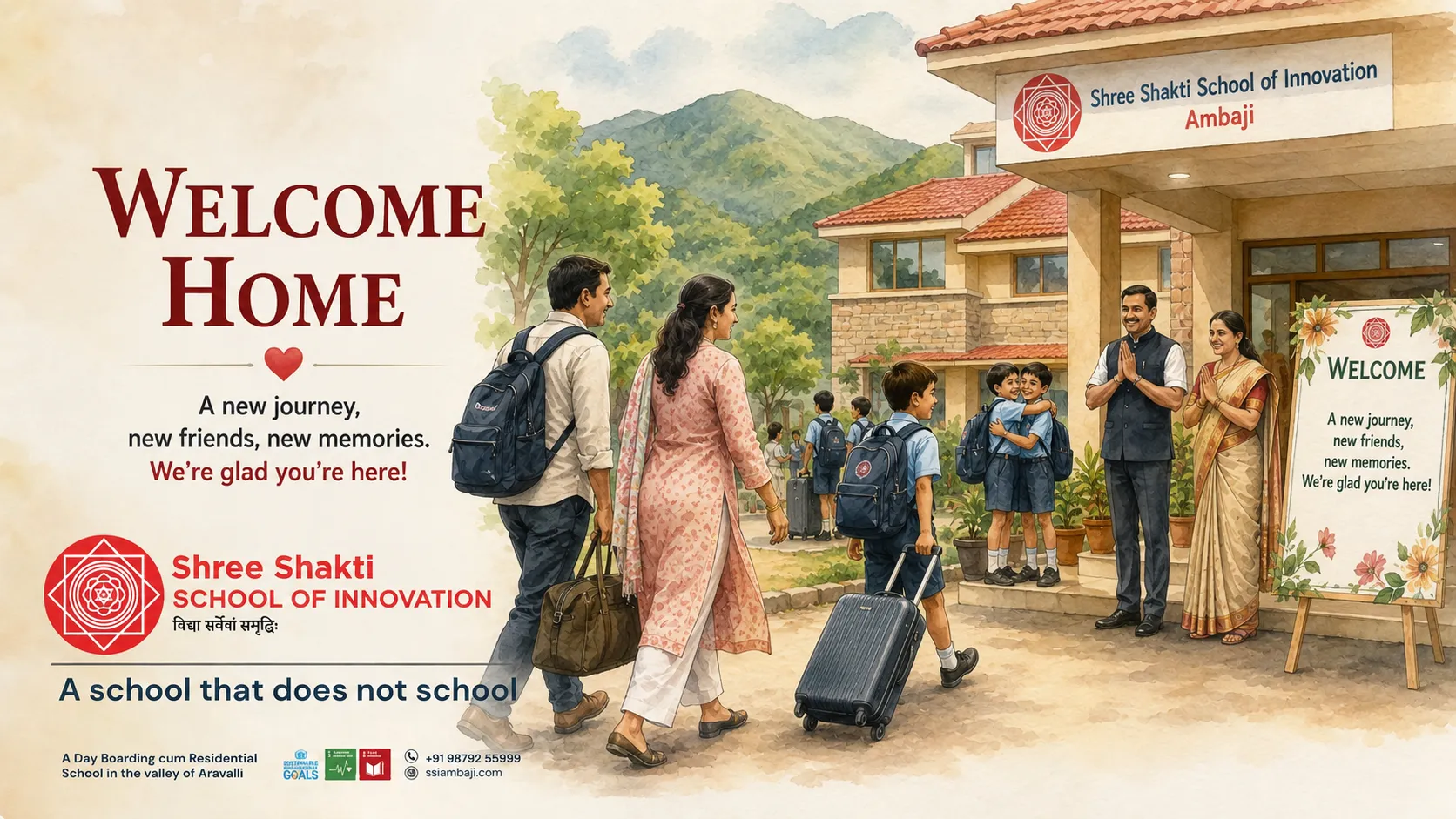 Parents and children arriving on the first day of the new session at SSI Ambaji's boarding campus, welcomed by house parents — the beginning of a home away from home.