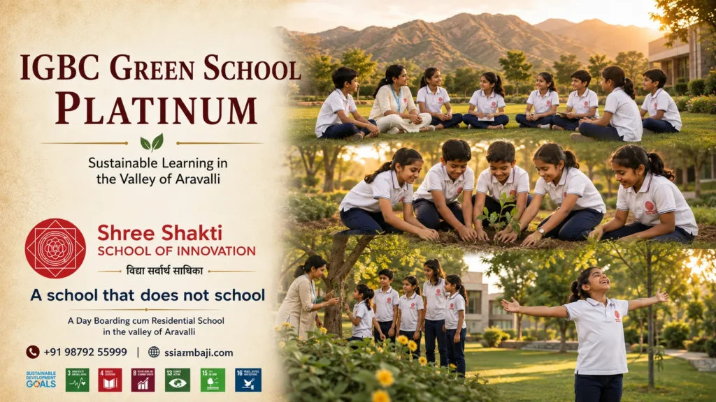 SSI Ambaji earns IGBC Green School Platinum in July 2026 — the top rating for energy, water, air quality and green education in the Aravalli hills.