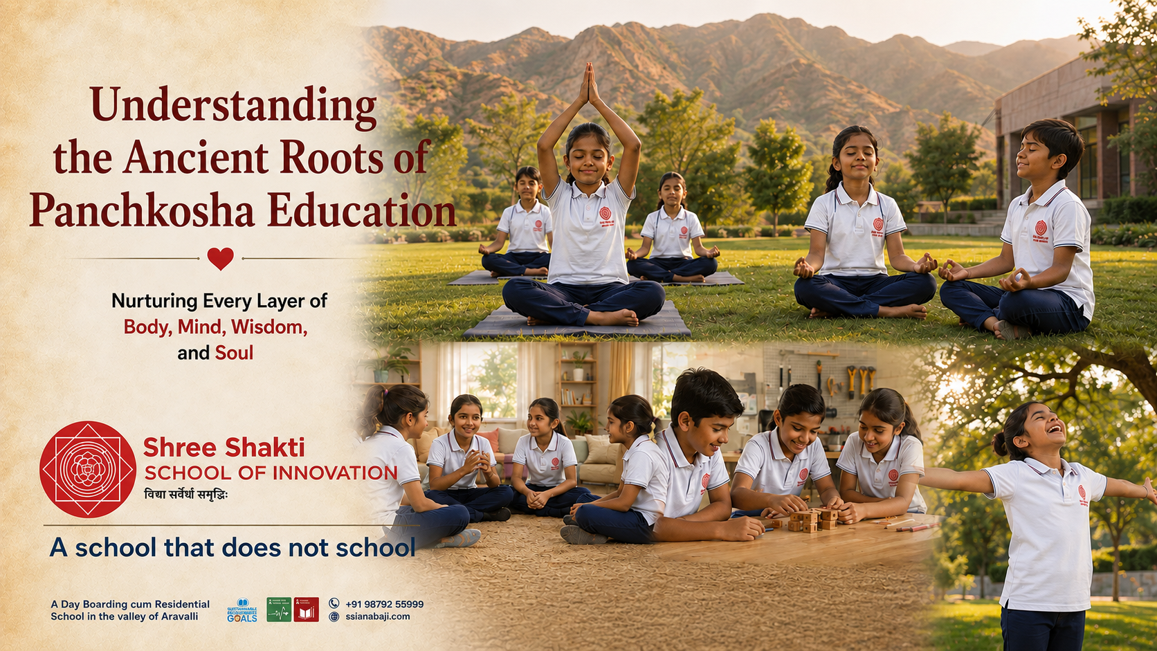 Students practicing meditation and collaborative learning as part of Panchkosha Education at Shree Shakti School of Innovation, highlighting holistic development of body, mind, wisdom, and soul.