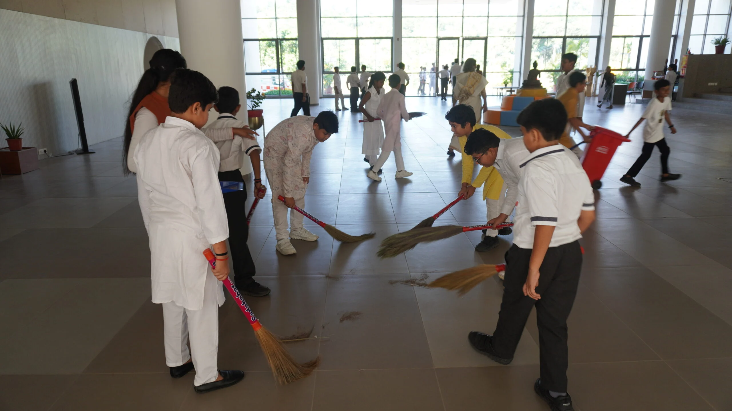 SSI Ambaji students observing silence and meditation on Gandhi Jayanti morning assembly in Aravalli campus