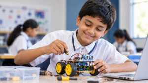 How Experiential Learning Builds Future Skills Student building a robot in a hands-on experiential learning activity at school